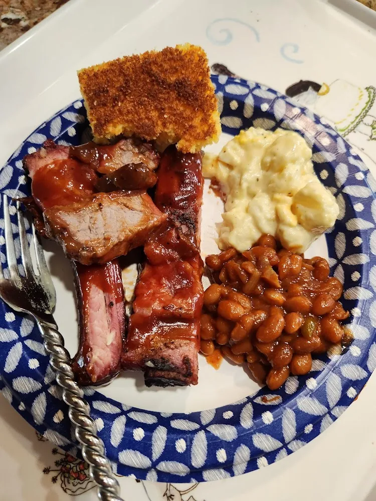 Ribs Tri Tip Beans Potato Salad and Corn Bread Delish